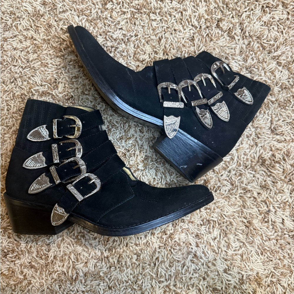 TOGA Pulla Black Western Ankle Boots with Silver Buckles